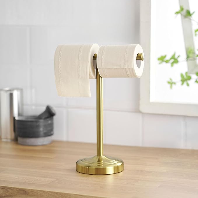 RUMOSE 13 Inch Brushed Gold Towel Stand Hand Towel Holder Bathroom Kitchen Vanity Countertop T-Shape Towel Rack Free Standing Stainless Steel Towel Bar Towel Ring