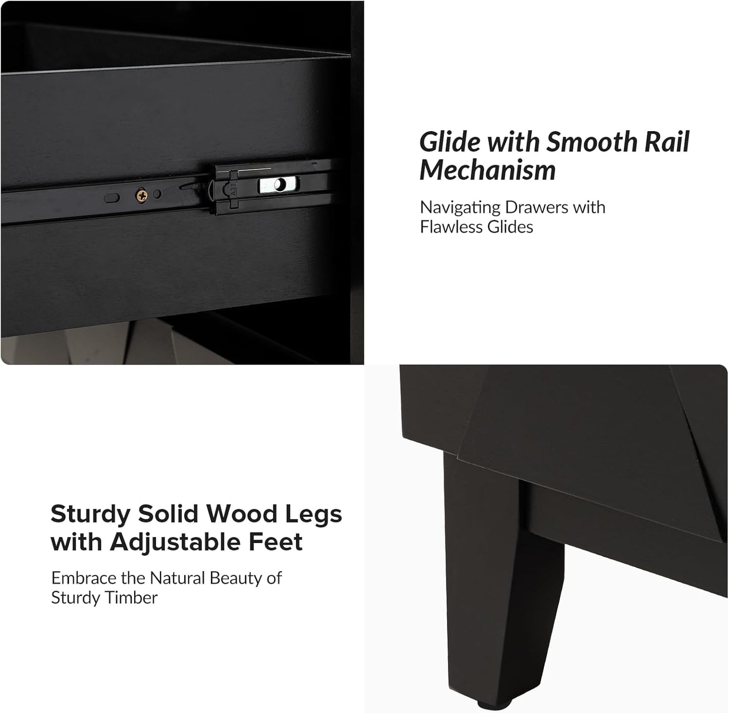 HULALA HOME Wood Nightstand with Charging Station 2 Drawer Dresser with Wooden Legs Mid Century Modern Bedside French Style End Table for Bedroom, Black