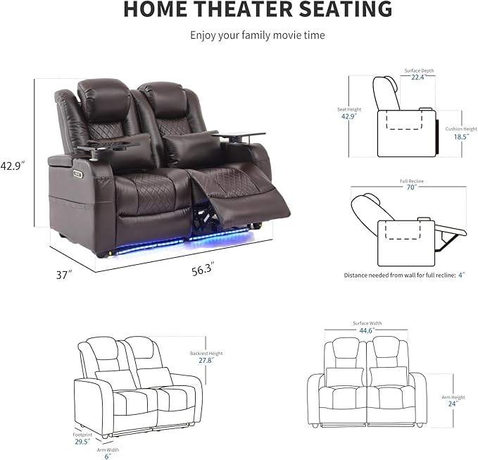 Home Theater Seating Seats, Game Movie Theater Chairs Theater Recliner Sofa with 7 Colors Ambient Lighting, Lumbar Pillow, Side Pocket, Tray Table, Power Recliner