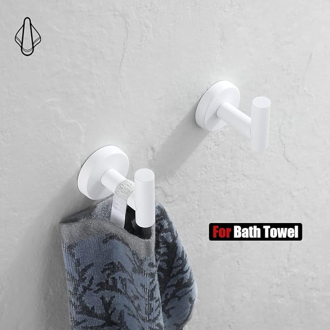 JQK Bathroom Towel Hook White, Coat Robe Clothes Hook for Bathroom Kitchen Garage Wall Mounted (2 Pack), 304 Stainless Steel 0.8mm Thicken, TH100-WH-P2
