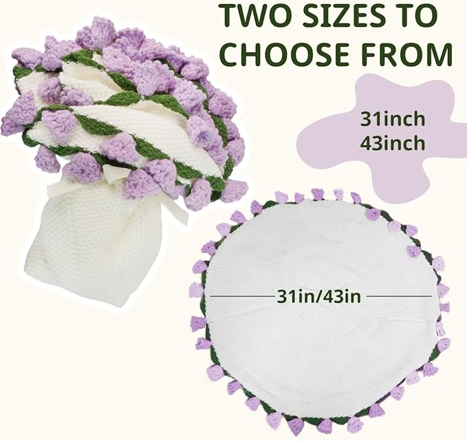 Handmade Crochet Flower Bouquet Blanket - Soft Lightweight Knit Throw for Birthday Wedding Valentines, Ready-to-Use Home Decor Gift (Purple, 43in)