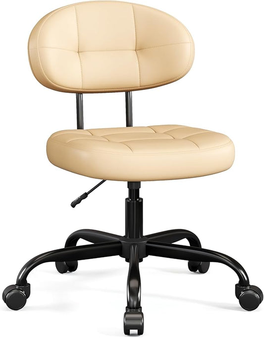 Misolant Vanity Chair with Back, Small Armless Cute Office Chair with Wheels and Lumbar Support, Comfy PU Leather Desk Computer Chairs with Adjustable Height, 360° Swivel for Home Bedroom, Khaki