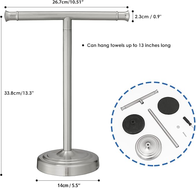 RUMOSE 13 Inch Brushed Nickel Towel Stand Hand Towel Holder Bathroom Kitchen Vanity Countertop T-Shape Towel Rack Free Standing Stainless Steel Towel Bar Towel Ring