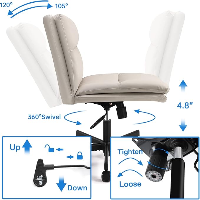 EMIAH Armless Office Desks Chair with Wheels PU-Padded Vanity Chair Mid-Back Ergonomic Home Office Computer Chair Comfortable Adjustable Swivel Task Chair with Thickened Cushion