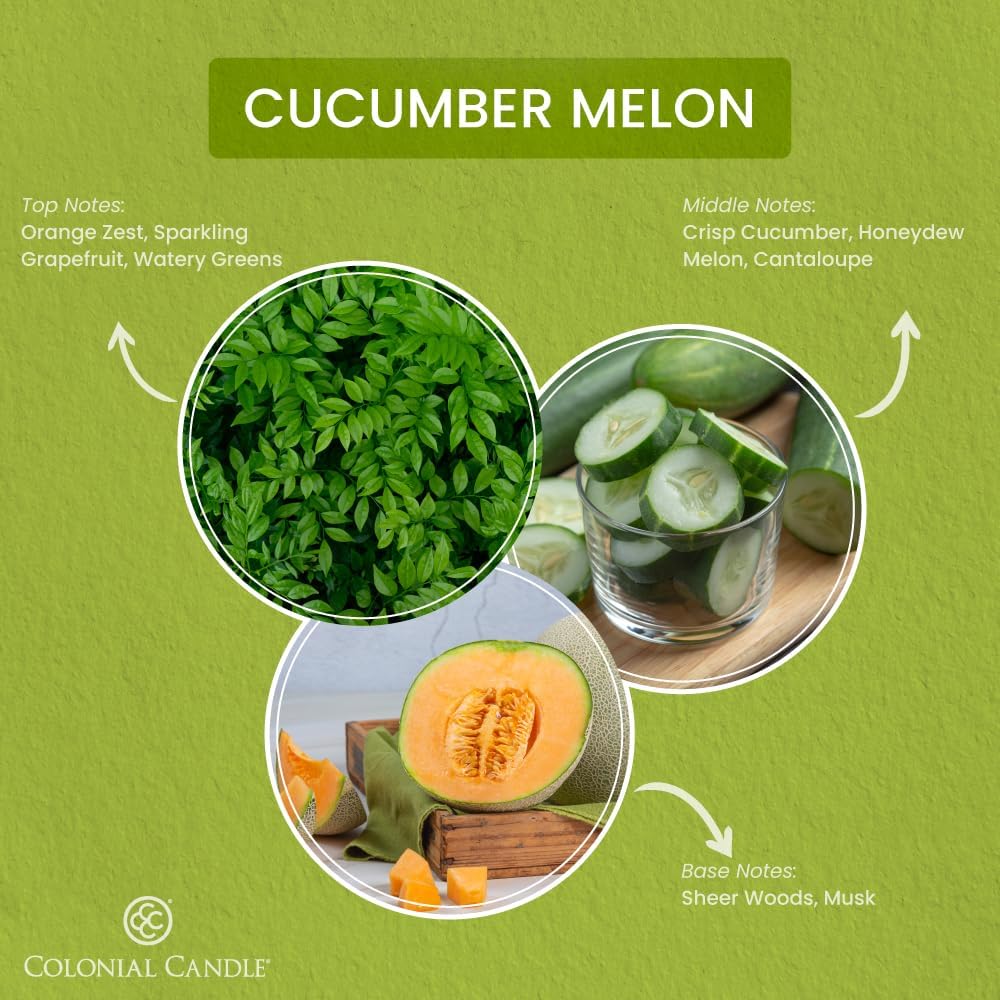 Colonial Candle Cucumber Melon Scented Jar Candle, Pop of Color Collection, 3 Wick, Green, 14.5 oz - Up to 60 Hours Burn