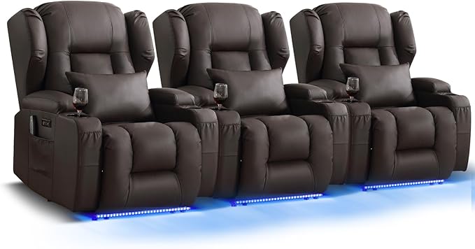 Wall Hugger Power Recliner Chair, Home Theater Seating Electric Recliing Sofa with Massage & Heat, Cup Holder, USB Port, LED Ambient Light, Storage for Living Room (Brown, 3 Chairs)