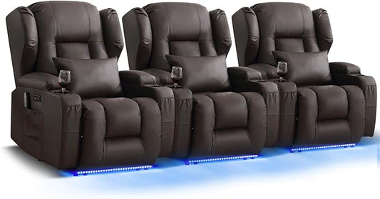Wall Hugger Power Recliner Chair, Home Theater Seating Electric Recliing Sofa with Massage & Heat, Cup Holder, USB Port, LED Ambient Light, Storage for Living Room (Brown, 3 Chairs)