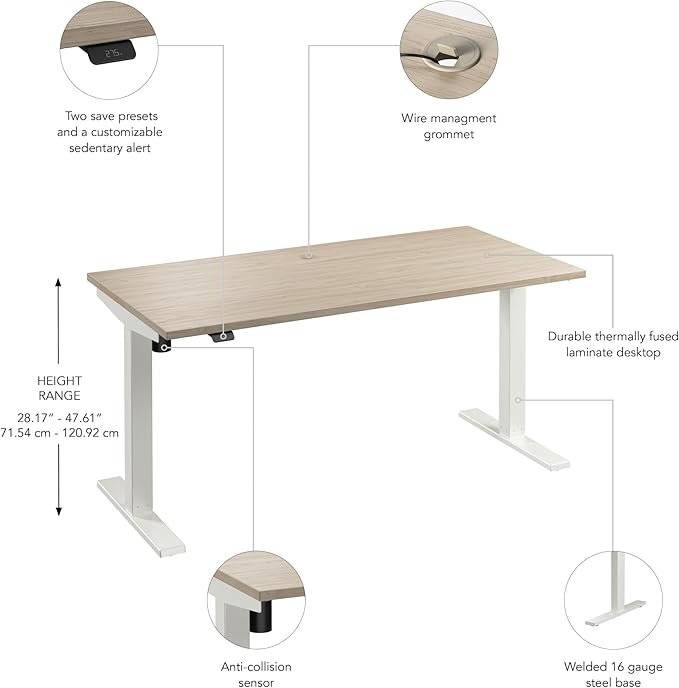 Bush Business Furniture 60-inch Electric Height Adjustable Standing Desk, Ergonomic Sit-Stand Computer Table for Home and Professional Office, Move 40 Series, Natural Elm with White Base