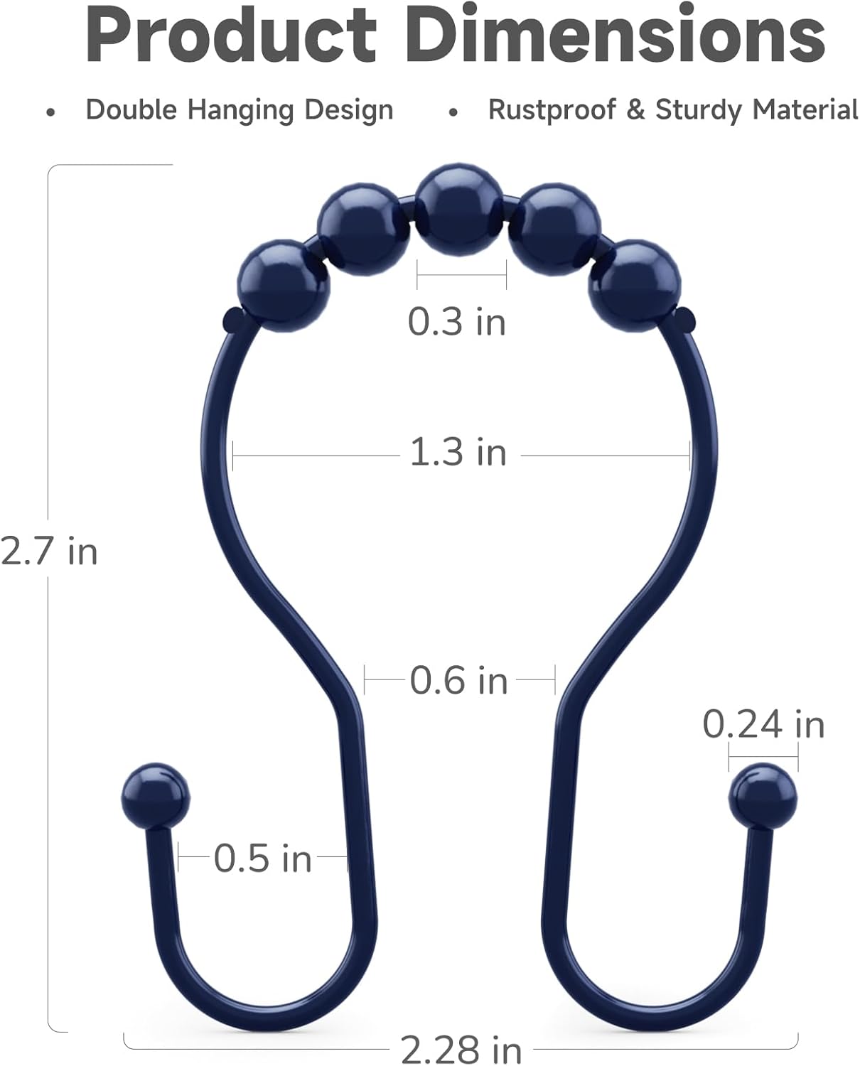 Shower Curtain Hooks, Shower Curtain Rings Rust Proof Navy Blue Double Hook Shower Curtain Hooks, 12 Pcs Shower Hooks for Shower Curtain, Shower Rings for Curtain, Metal Shower Rod Hooks