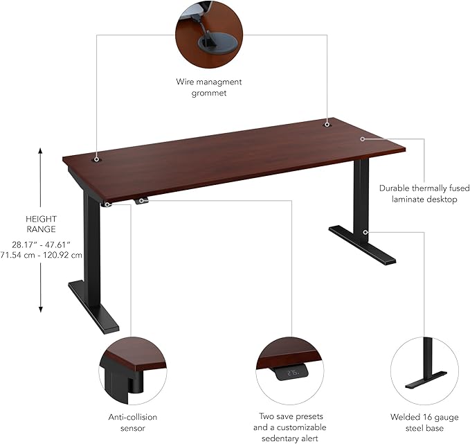 Bush Business Furniture 72-inch Electric Height Adjustable Standing Desk, Ergonomic Sit-Stand Computer Table for Home and Professional Office, Move 40 Series, Hansen Cherry with Black Base