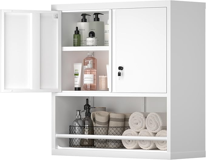 LUCYPAL Metal Wall Cabinet,Garage Wall Mounted Cabinets with Adjustable Shelf and Doors,Steel Hanging Cabinet with Open Storage for Home Office,Bathroom,Kitchen,White