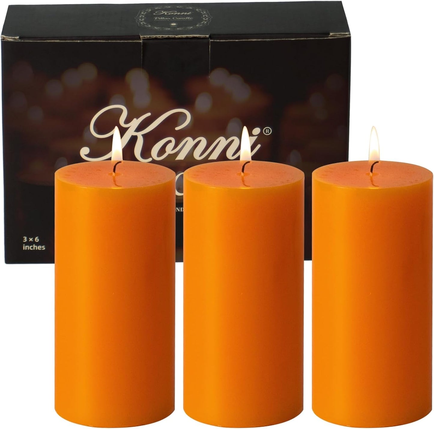 KONNI Orange Pillar Candles Set of 3, 3"x 6" Unscented Pillar Candles Bulk, 56 Hours Long Burning Candles, Smokeless&Dripless Large Round Candle for Wedding, Home Decoration, Parties, Spas, Dinner