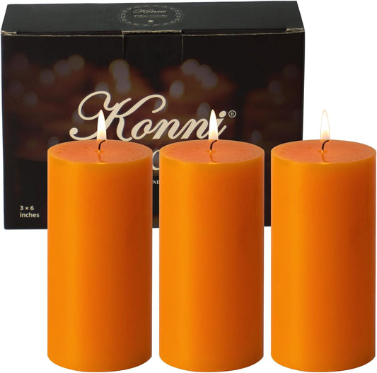 KONNI Orange Pillar Candles Set of 3, 3"x 6" Unscented Pillar Candles Bulk, 56 Hours Long Burning Candles, Smokeless&Dripless Large Round Candle for Wedding, Home Decoration, Parties, Spas, Dinner