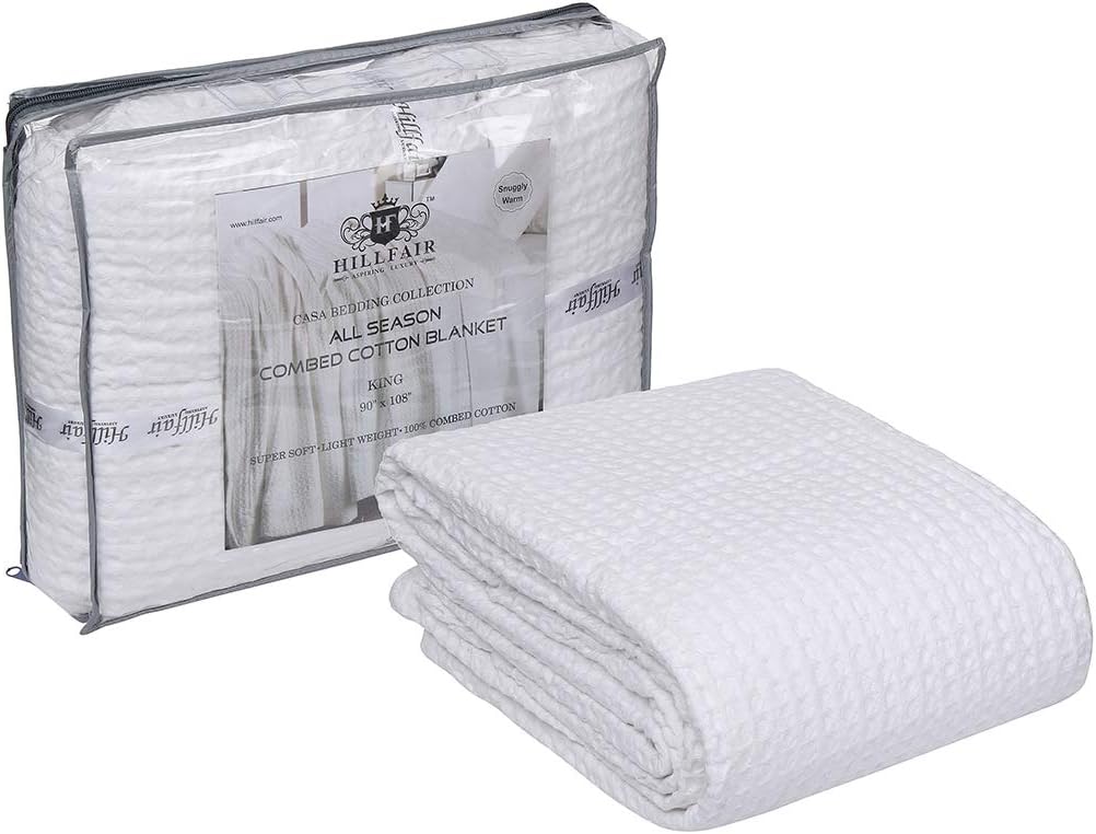 HILLFAIR 100% Combed Cotton Blanket– Twin XL Size Bed Blankets– Warm Soft All Season Breathable Lightweight Summer Blankets– Waffle Weave Home Decor Bed Blanket- White Bed Cotton Blankets/Bedcovers