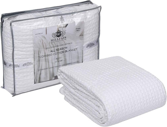 HILLFAIR 100% Combed Cotton Blanket– King Size Bed Blankets– Warm Soft All Season Breathable Lightweight Summer Blankets– Waffle Weave Home Decor Bed Blanket- White King Bed Cotton Blankets/Bedcovers