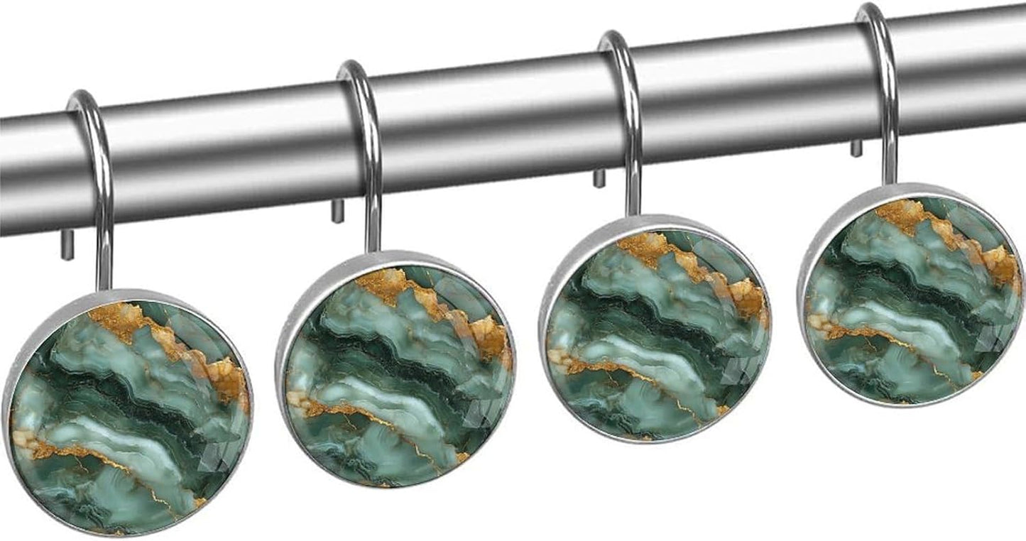 Marbling Shower Curtain Hooks,12 Pcs Rust Proof Glass Surface Stainless Steel Curtain Rings for Bathroom Bedroom Living Room Kitchen Home Shower Rods Decor
