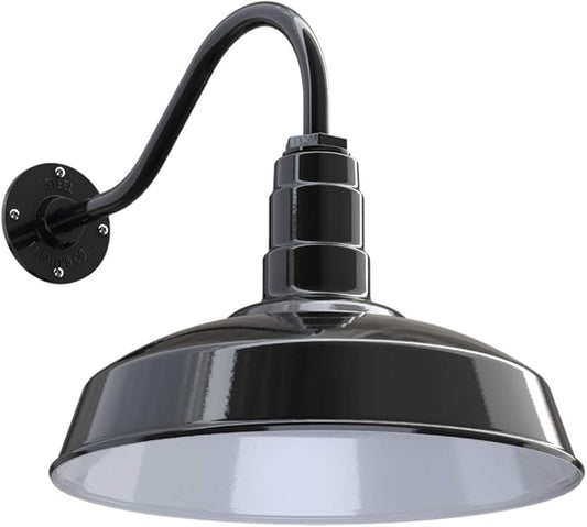 Steel Lighting Co. Gardena Barn Light | Outdoor Wall Mounted | 16" Dome | 16" Gooseneck | Farmhouse Light Made in America | Black Exterior/White Interior