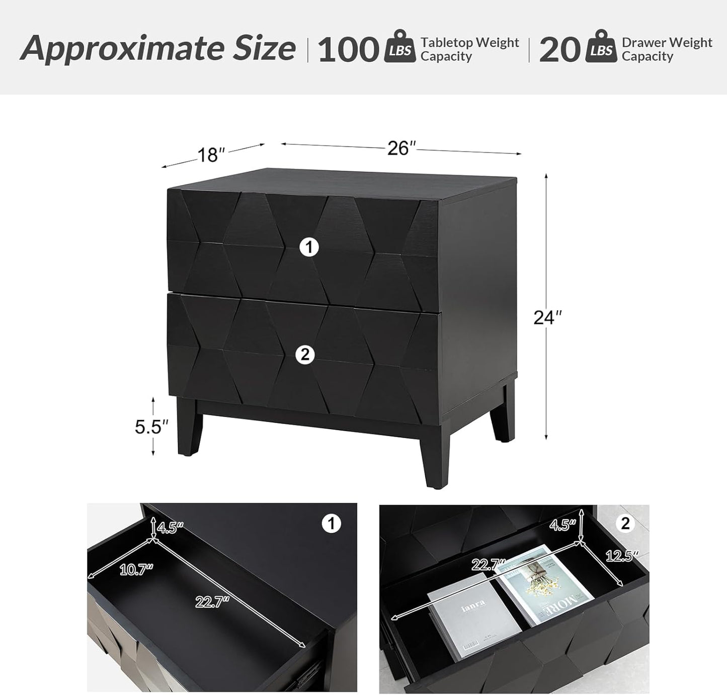 HULALA HOME Wood Nightstand with Charging Station 2 Drawer Dresser with Wooden Legs Mid Century Modern Bedside French Style End Table for Bedroom, Black