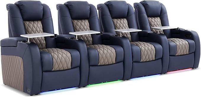 Home Theater Seating, Top Grain Leather Movie Seats Recliner Chair, Zero Gravity Reclining Gaming Sofa with Power Headrest 7 Colors Ambient Lighting 4 Seats Blue Grey