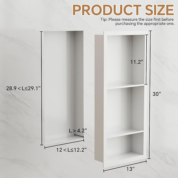 3-Tier Stainless Steel Shower Niche Insert, 29'' * 12'' No Tile Needed Bathroom Niche for Shower Wall, Recessed Wall Cabinet Shelves for Drywall, Living Room, in Wall Shower Shelves, White