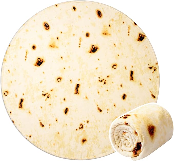 Vessia Burritos Tortilla Queen Size Blanket(Beige, 80 inches) Giant Realistic Funny Food Blanket for Adults and Kids, Novelty Double Sided Round Tortilla Wrap Decor, Soft Flannel Taco Decor for Bed