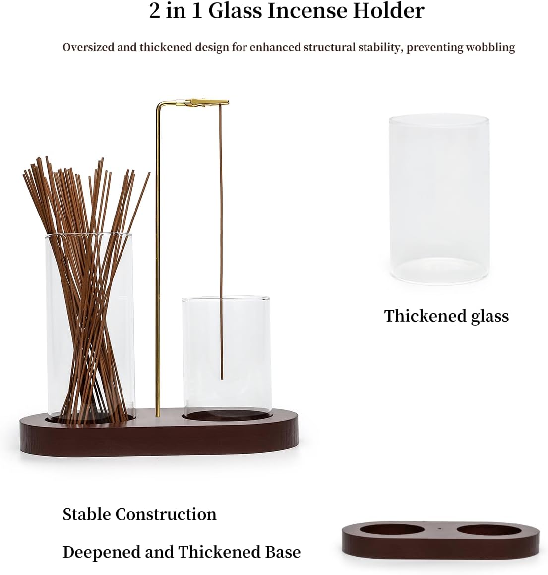 2 in 1 Glass Incense Holder for Sticks with 9-Hole Upright Burner, Ash Catcher, Cleaning Brush & Greeting Card, Meditation & Yoga Accessories,Gift for Home Decor (Dark Base)