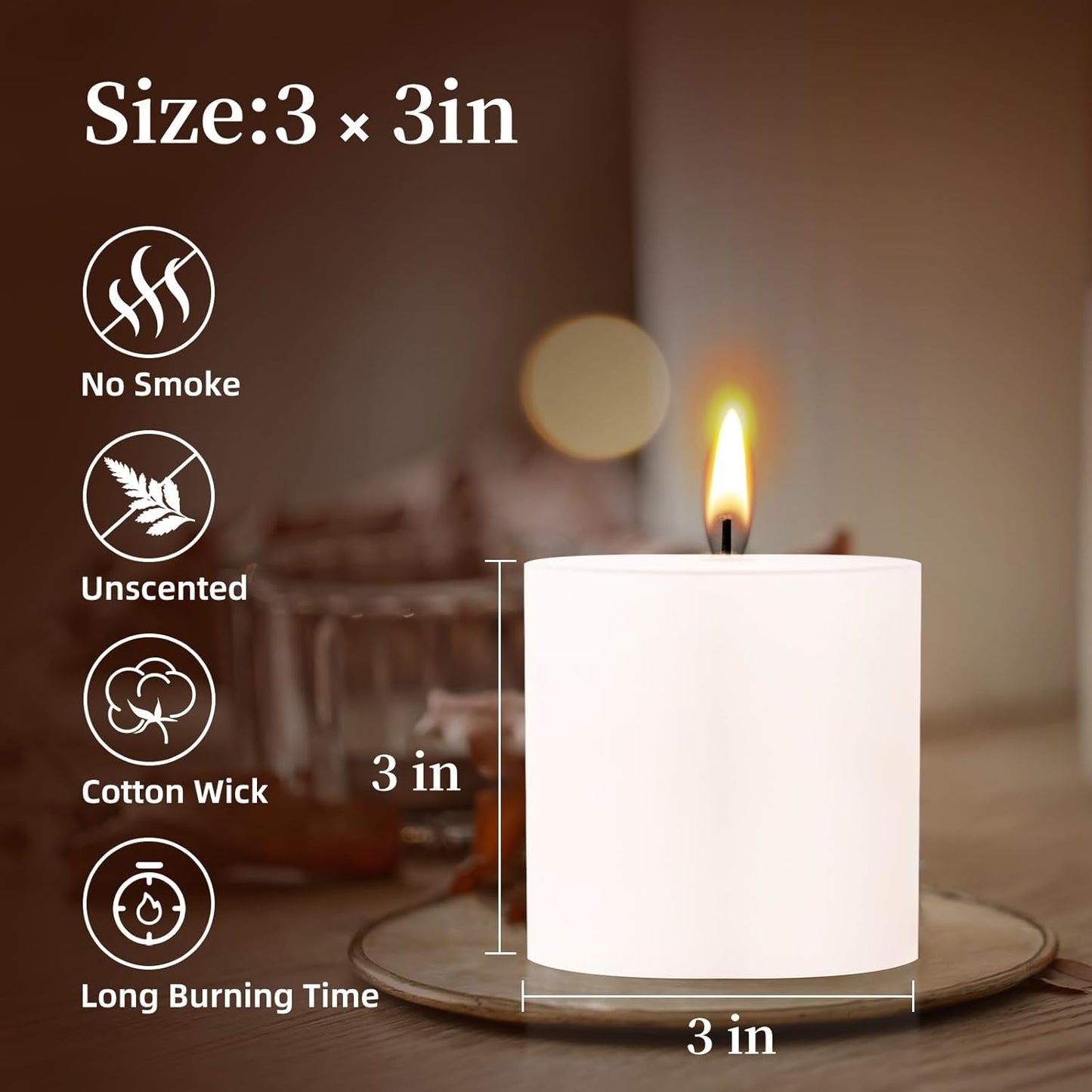 KONNI White Pillar Candles Set of 3, 3"x 3" Unscented Pillar Candles Bulk, 30 Hours Long Burning Candles, Smokeless&Dripless Large Round Candle for Wedding, Home Decoration, Parties, Spas, Dinner
