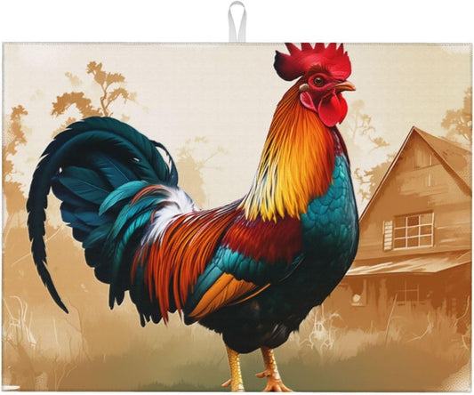 Retro Rooster Dish Drying Mat for Kitchen Counter Absorbent Microfiber Drying Mat Reusable Washable 18x24 Inch Large Dish Mats For Drying Dishes