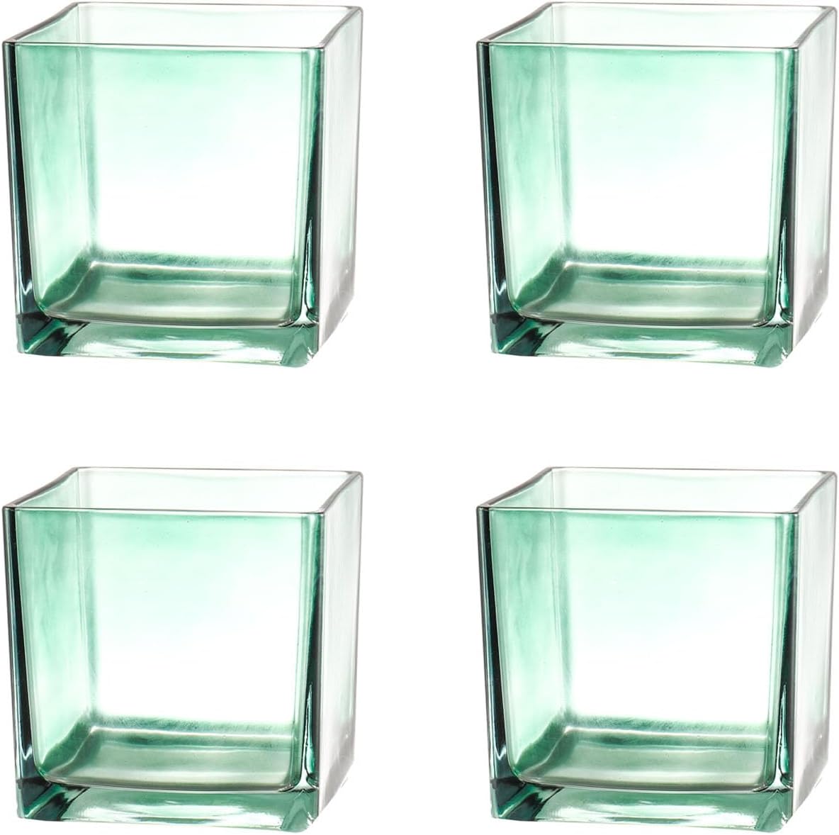 Square Glass Vases Set of 4, 4"x 4"x 4" Flower Vases for Centerpieces, Green Glass Vase for Flowers, Small Vase for Wedding, Party, Home Office Decoration