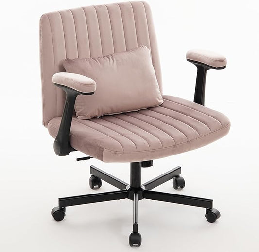 Furnimart Criss Cross Desk Char Wide Seat with Wheels and Arms, 360° Swivel Cross Legged Desk Chair Thick Cushion, Velvet Comfy Armless Home Office Chair for Bedroom, Vanity, Sturdy (Light Pink)
