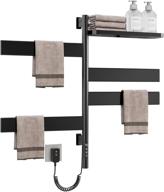 Swivel Heated Towel Rack, Wall Mounted Electric Towel Warmer Rack for Bathroom, 4 Square Bars Swivelable Towel Dryer with Tray, Towel Heater with Built-in Timer, for bathroom, Salons & Spas(G69-Black)