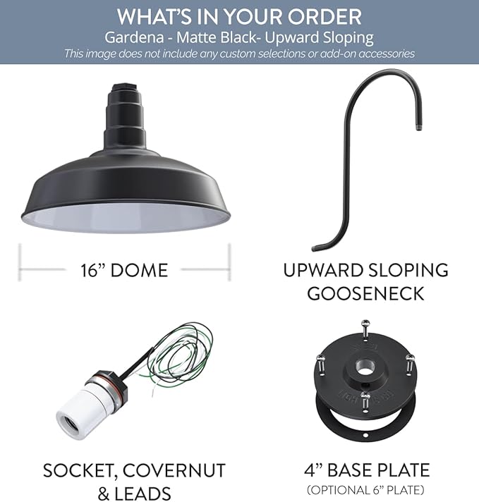 Steel Lighting Co. Gardena Barn Light | Outdoor Wall Mounted | 16" Dome | Upslope Gooseneck | Farmhouse Light Made in America | Matte Black Exterior/White Interior