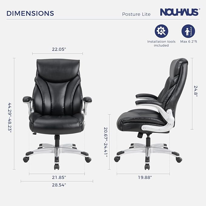 Nouhaus Big and Tall Desk Office Chair with Lumbar Support, High Back PU Leather Ergonomic Office Chair, Executive Desk Chair Computer Chairs with Adjustable Flip-up Armrests (Posture Lite,Black)