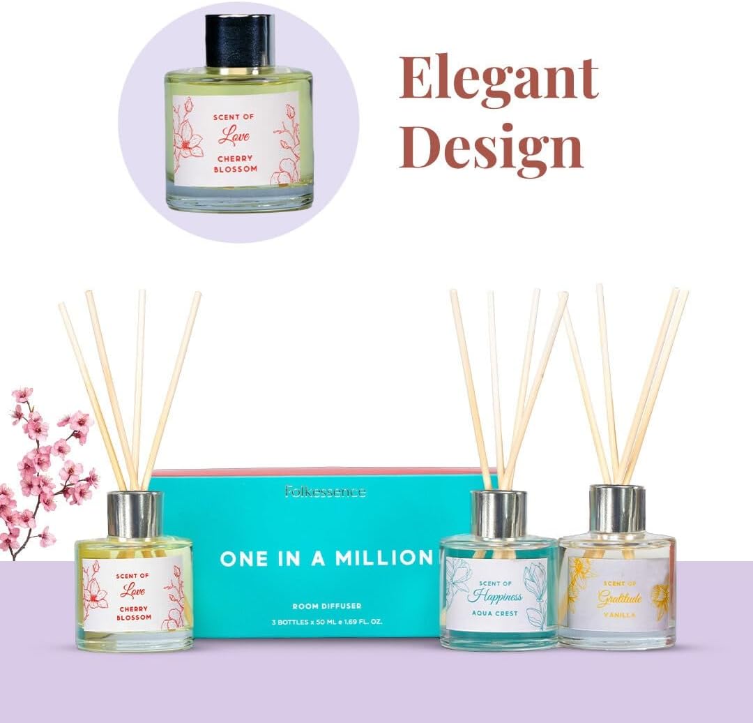 Folkulture Reed Diffuser Set of 3 with Sticks | Lavender Scent Diffusers for Home, Living Room, Office, Powder Room, Bathroom Accessories | Fragrance Oils with Natural Essential Oil |Million - 1.7 Oz