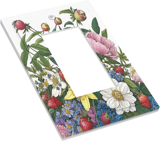 Spring Watercolor Flower Plant Strawberry Peony Floral Decorative Outlet Covers 1 Gang Single Rocker Wall Plates GFCI Faceplate Light Switch Cover Plate for Bedroom living Room Decor
