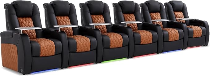 Home Theater Seating, Top Grain Leather Movie Seats Recliner Chair, Zero Gravity Reclining Gaming Sofa with Power Headrest 7 Colors Ambient Lighting 6 Seats Black Camel