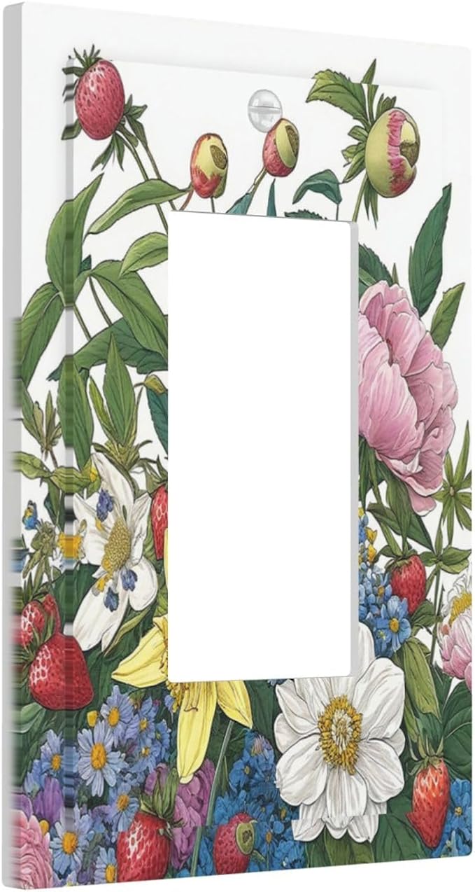 Spring Watercolor Flower Plant Strawberry Peony Floral Decorative Outlet Covers 1 Gang Single Rocker Wall Plates GFCI Faceplate Light Switch Cover Plate for Bedroom living Room Decor