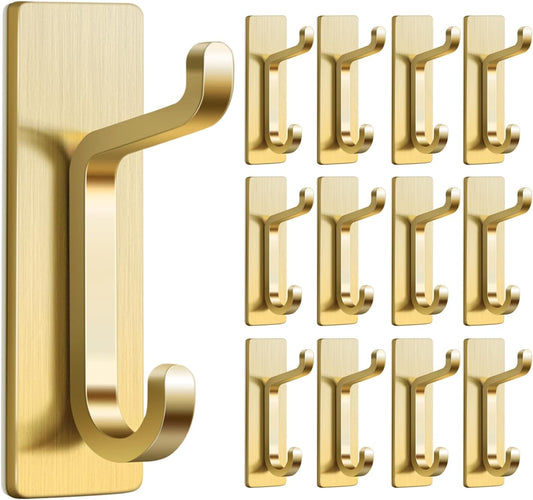 Self Adhesive Wall Hooks for Hanging: Extra Strong 13 LB, Hook for Coat, Towel in Bathrooms, Shower, Kitchen, Wall, Door Hook, Gold 12 Pack