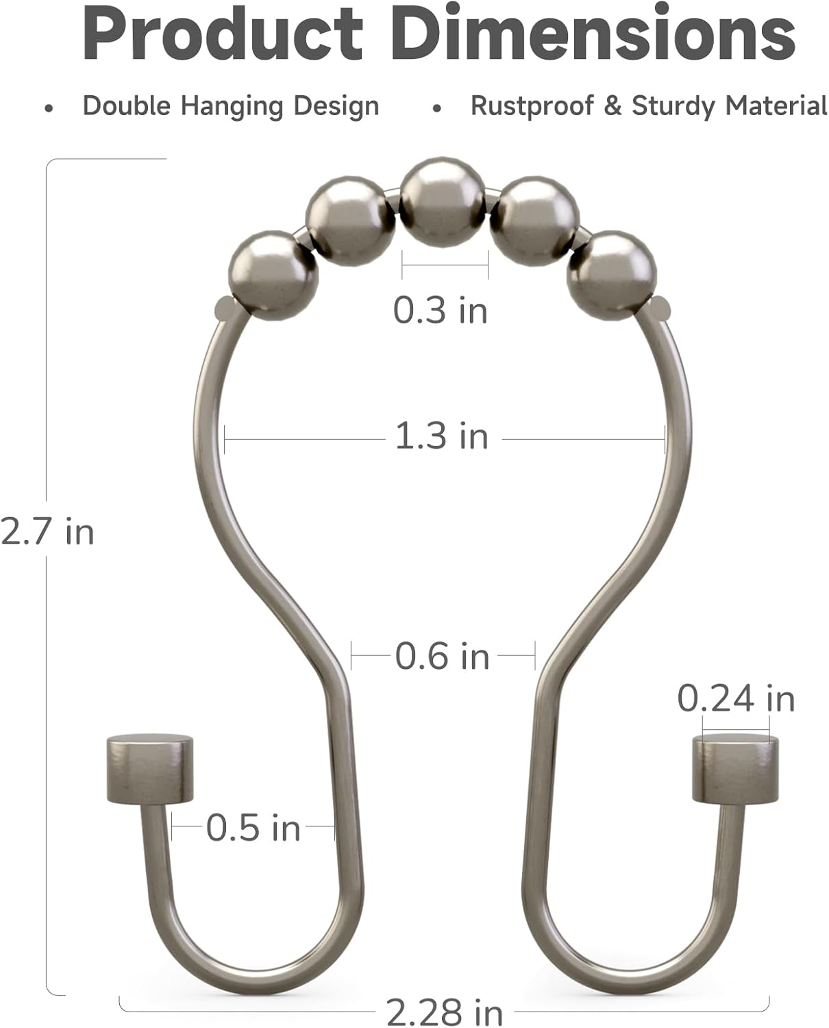 Shower Curtain Hooks, Shower Curtain Rings Rust Proof Double Hook Shower Curtain Hooks with Clindrical Design, 12 Pcs Nickel Shower Hooks for Shower Curtain, Metal Shower Rod Hooks