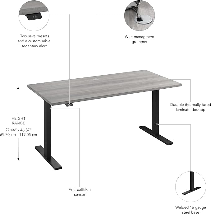 Bush Business Furniture 60-inch Electric Height Adjustable Standing Desk, Ergonomic Sit-Stand Computer Table for Home and Professional Office, Move 60 Series, Platinum Gray with Black Base