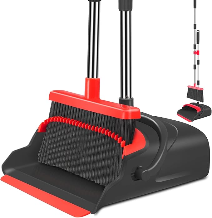 kelamayi Upgrade Broom and Dustpan Set, Broom with Dustpan Combo Set, Large Size and with Long Handle, Upright,Ideal for Indoor Outdoor Garage Kitchen Room Office Lobby Use (Black&Red)