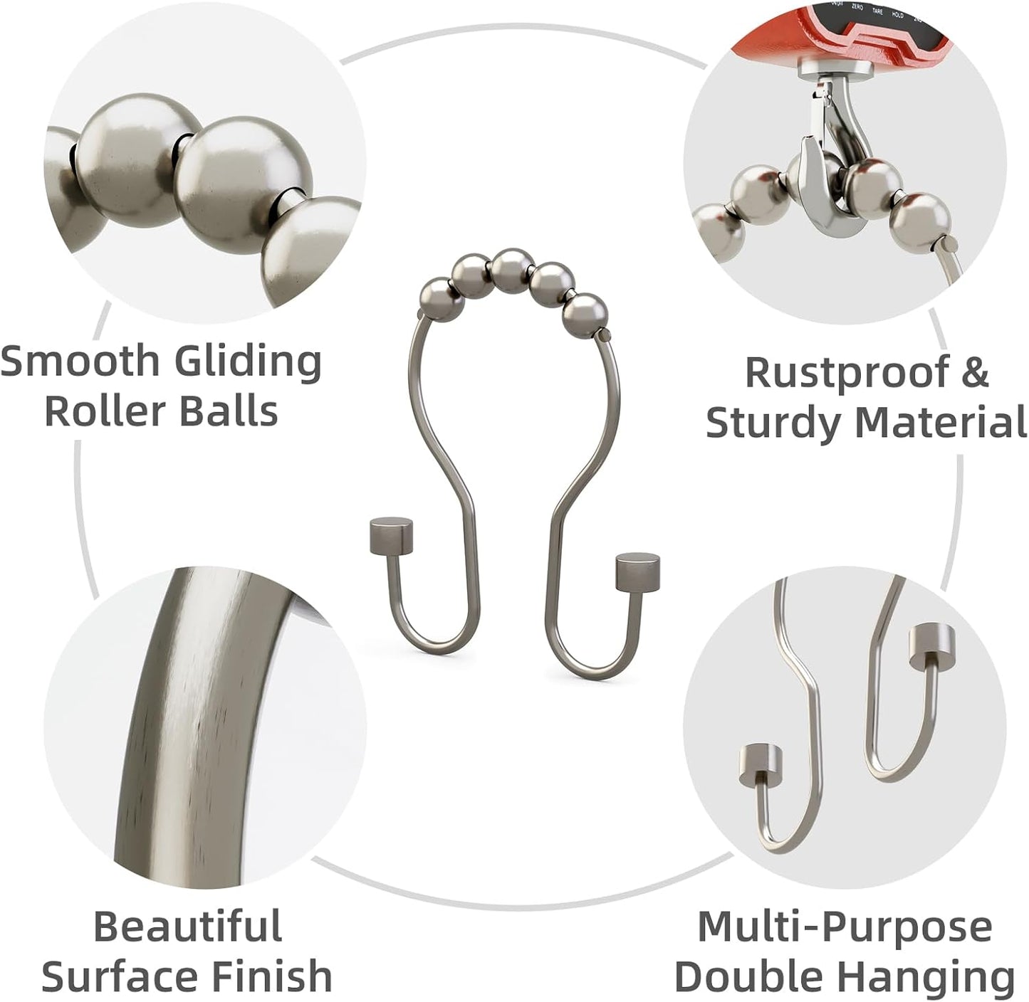 Shower Curtain Hooks, Shower Curtain Rings Rust Proof Double Hook Shower Curtain Hooks with Clindrical Design, 12 Pcs Nickel Shower Hooks for Shower Curtain, Metal Shower Rod Hooks