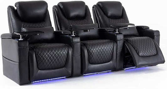 Home Theater Seating Seats, Theater Recliner Chair Sofa Game Movie Theater Chairs with 7 Colors Ambient Lighting, Lumbar Pillow, Side Pocket, Tray Table, Power Recline, Black