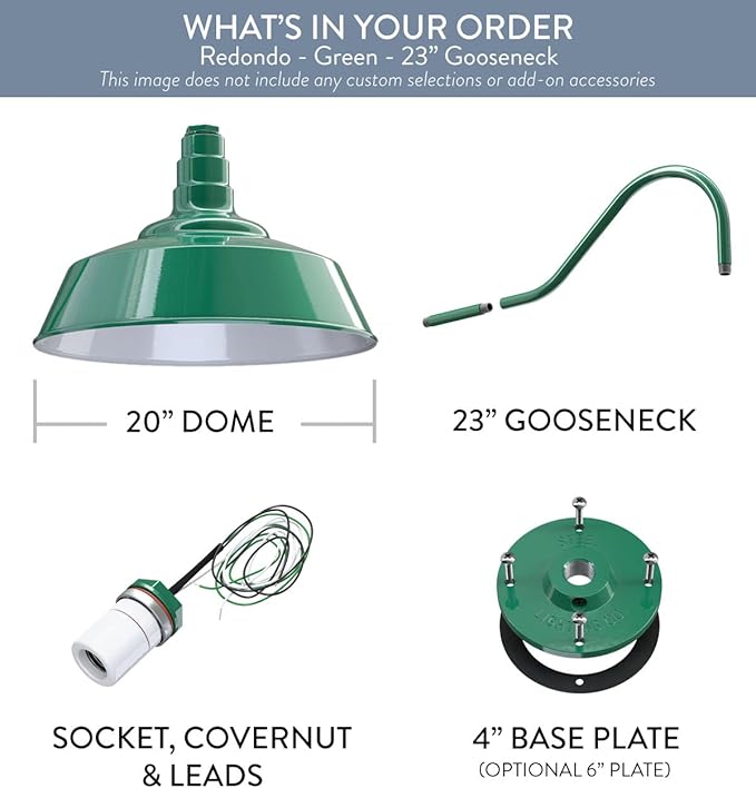 Steel Lighting Co. Redondo Barn Light | Outdoor Wall Mounted | 20 inch Dome | 23 inch Gooseneck | Large Farmhouse Warehouse Light Made in America | Green Exterior/White Interior