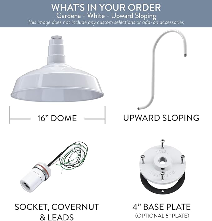 Steel Lighting Co. Gardena Barn Light | Outdoor Wall Mounted | 16" Dome | Upslope Gooseneck | Farmhouse Light Made in America | White Exterior/White Interior