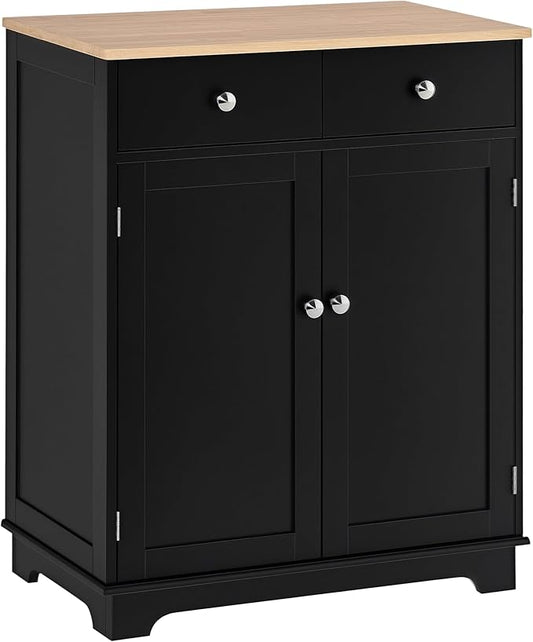 HOMCOM Sideboard with Solid Wood Countertop, Modern Kitchen Storage Cabinet, Coffee Bar Cabinet with 2 Drawers, Doors and Adjustable Shelf, Black