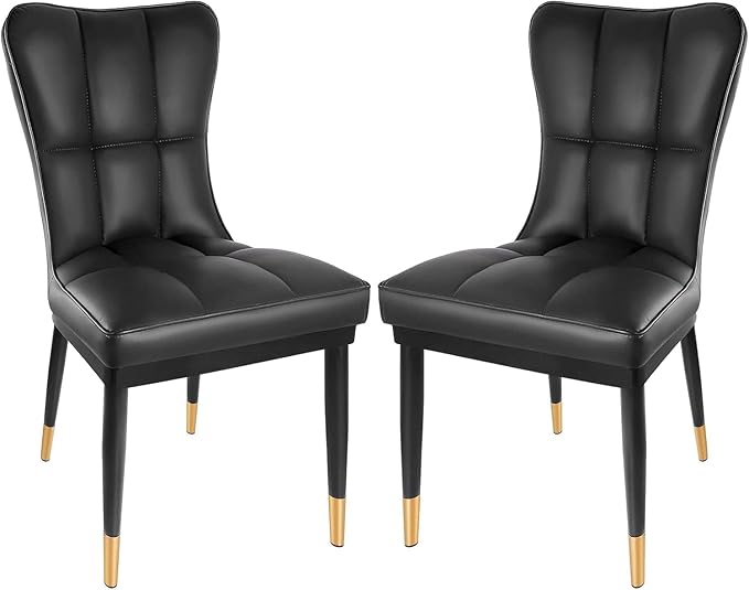 High-Back Faux Leather Dining Chairs Set of 2, Modern Sturdy Upholstered Accent Side Chair Deep Sponge Padded Seat with Metal Legs for Kitchen Dining Living Room Bedroom (Black)