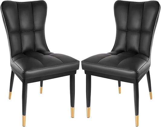 High-Back Faux Leather Dining Chairs Set of 2, Modern Sturdy Upholstered Accent Side Chair Deep Sponge Padded Seat with Metal Legs for Kitchen Dining Living Room Bedroom (Black)