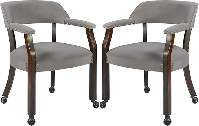 Dinning Chairs with Wheels and Arms Set of 2, Solid Wood Office Desk Chairs with Frosted Velvet Upholstered, Classic Swivel Accent Chairs,31.5" H Boss Caption's Chair for,Warm Grey XXY-HT22-TP-2