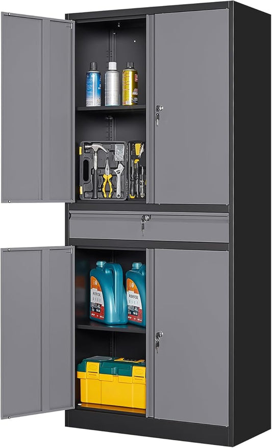 Yizosh Metal Garage Storage Cabinet with Locking Doors and Adjustable Shelves, 71" Steel Tool Storage Cabinet with 1 Drawer for Garage,Office,Warehouse (Gray Black)